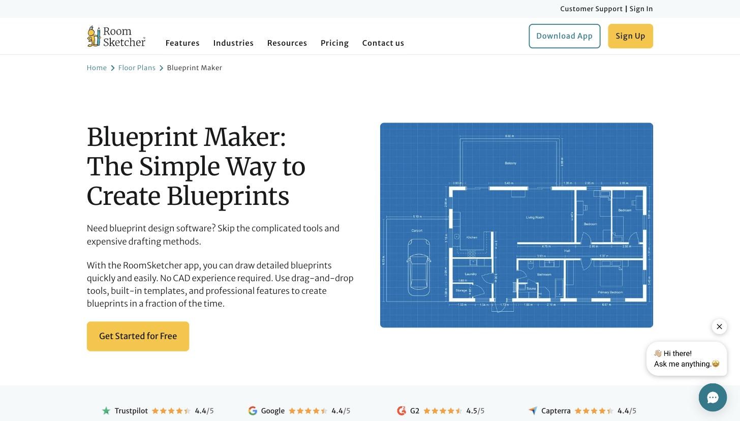 The RoomSketcher Blueprint Maker landing page.