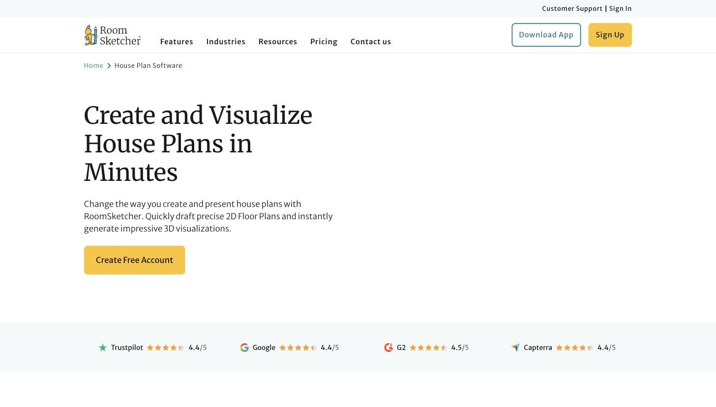 The RoomSketcher house plans landing page.