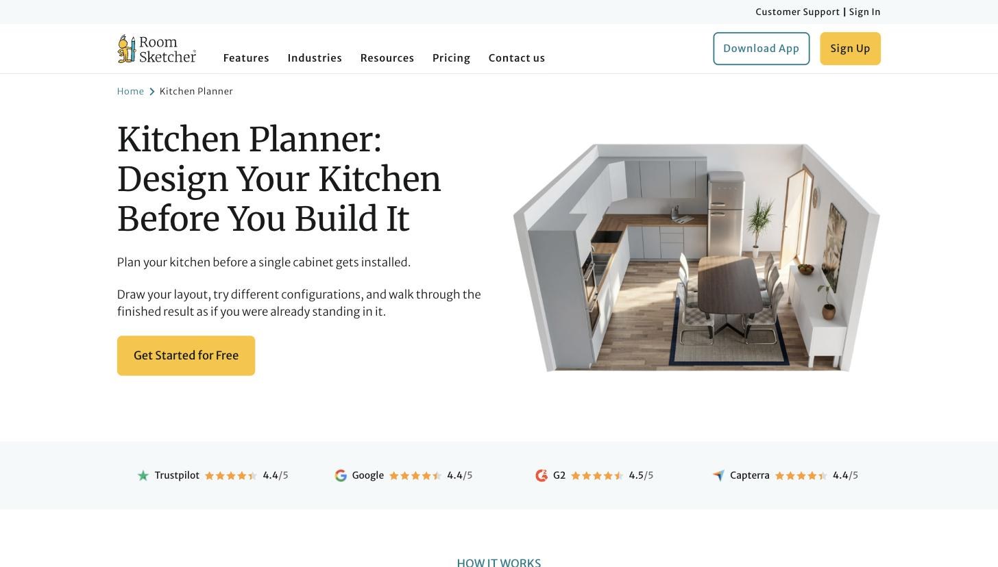 The RoomSketcher Kitchen Planner landing page.