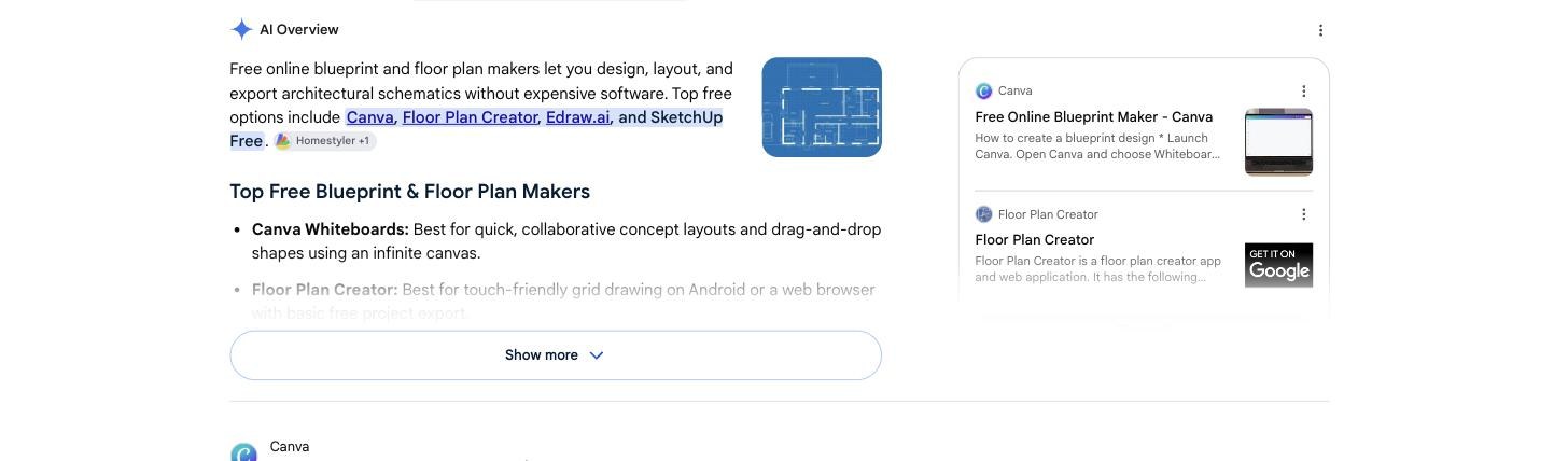 Google results for 'free blueprint maker' showing an AI Overview citing Canva, Floor Plan Creator, Edraw.ai and SketchUp Free, with a citation panel on the right. RoomSketcher does not appear.