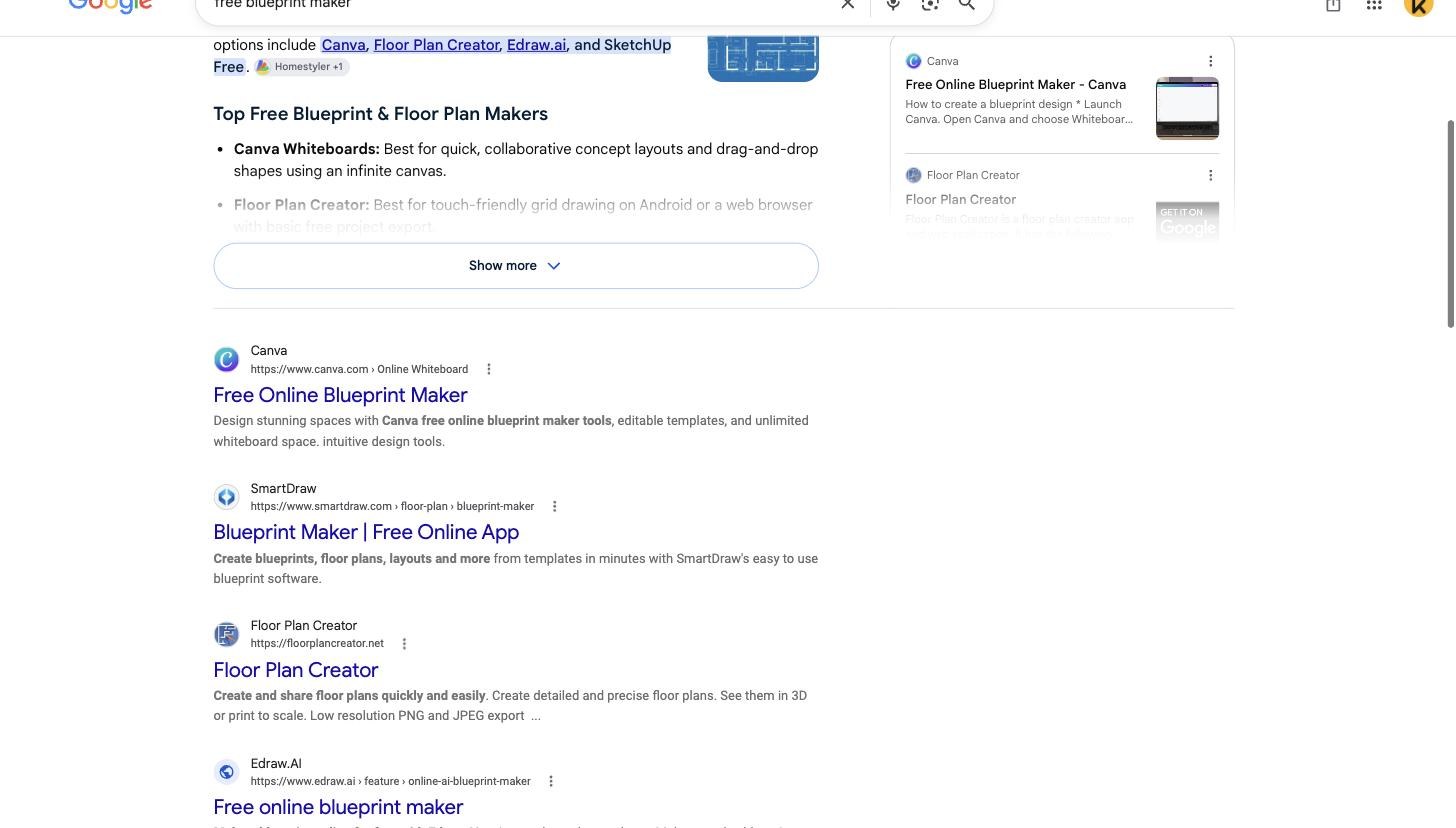 Scrolled view of the same results page showing the first organic results: Canva, SmartDraw, Floor Plan Creator and Edraw.AI.